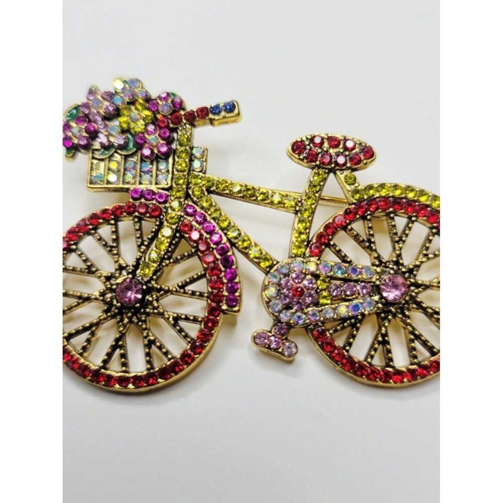 🆕 NWT Bicycle With Basket Of Flowers Brooch Pin Green Pink Red Orange Blue Gold